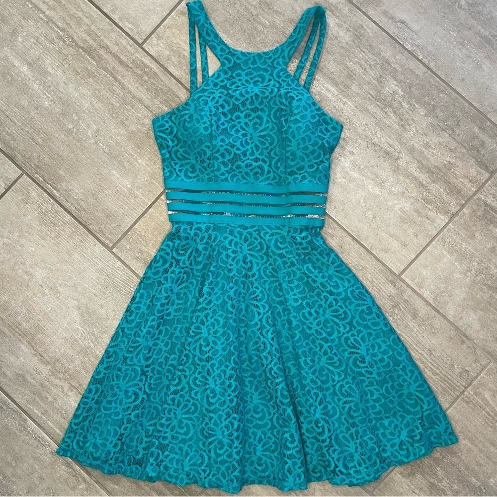 City Studio Lace Illusion Fit & Flare Dress Juniors Size 1 Teal